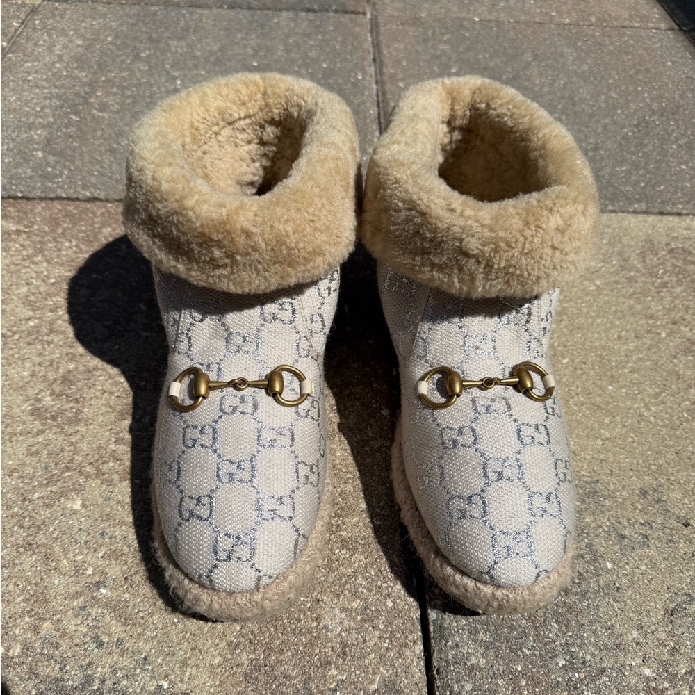 Gucci - Canvas Wool Shearling Lined GG Monogram Fria Horsebit Ankle Boots - Picture 3 of 7